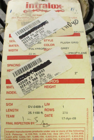 Intralox 900 Series Polypropylene Diamond Friction Top Grey Convey. Belt 22"x25'