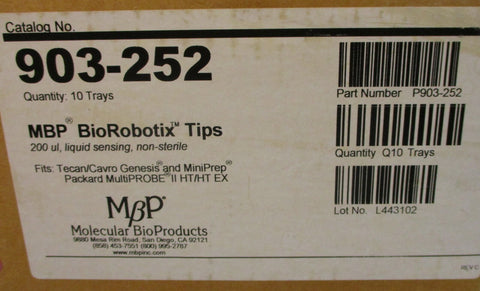 MBP Molecular BioProducts 903-252 BioRobotix Pipette Tips 200 uL, 10 Trays of 96