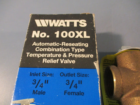 Watts 100XL 3/4" Temperature & Pressure Relief Valve 125 Psi 210 F Max, Bronze