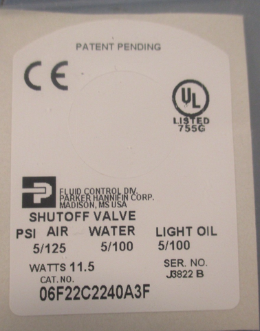 Parker 06F22C2240A3F Solenoid Shutoff Valve Gold Ring 3/8 NPT 11.5W