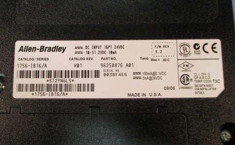 Allen Bradley 1756-IB16/A DC Input Module 16PT 24VDC Cat Rev. H01