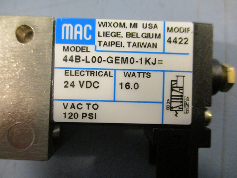 Mac 44B-L00-GEM0-1KJ Solenoid Valve 24 VDC 16 WATTS Vac to120 PSI