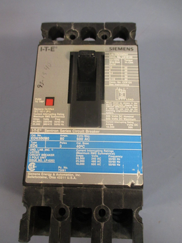 SIEMENS Sentron Series Circuit Breaker 3pole/80A/480V Max Type: ED6 ED63B080