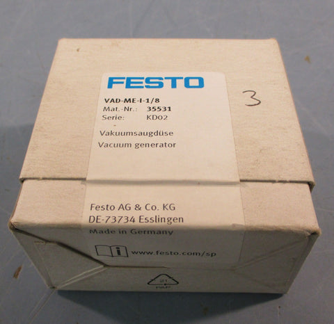 Festo VAD-ME-I-1/8 Vacuum Generator 35531 KD02 1.4mm Nozzle 1.5-8 Bar Sealed