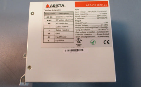 Arista APSDR107224 DINRail Power Supply Single Output 72W 24 VDC