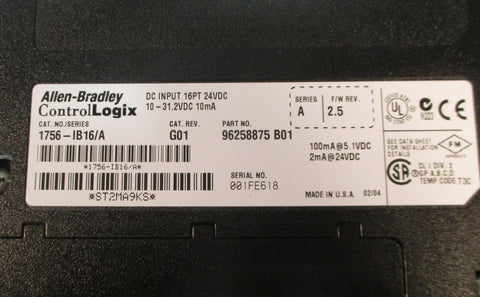 Allen Bradley 1756-IB16 Ser A Cat Rev G01 DC Input Module 16 PT F/W Rev 2.5