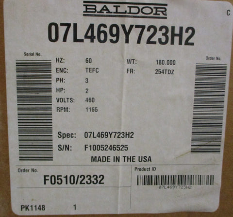 Baldor Reliance 07L469Y723H2 Industrial Motor 2HP 1165RPM 254TDZ 1-15/16" Shaft