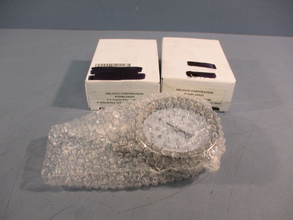 Lot of (2) Miljoco 2.5" Liquid Fillable Gauge P2598LZ05SS 0-100psi/kpa 1/4NPT LM