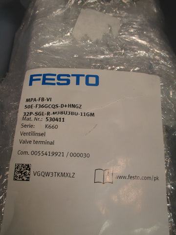 FESTO VALVE TERMINAL  ASSEMBLY 530411 50E-F36GCQS-D+HNGZ 32P-SGL-R-M3BU3BU-11GM