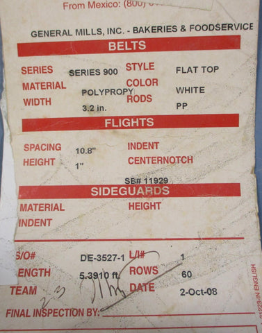 Intralox 900 Series White Conveyor Belt 3.2" W x 5.3910' L 10.8" Spacing 60 Rows