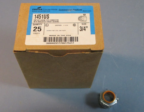 25 Crouse Hinds 1451US EMT Set Screw Type Connector 3/4" Zinc Plated Steel NIB