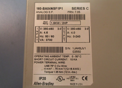 Allen Bradley 160-BA04NSF1P1 Series C Speed Controller 380-460V