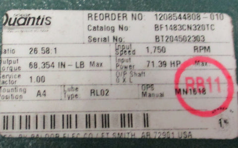 Dodge Quantis BF1483N320TC Gear Reducer 26.58:1 Ratio, 68,354 In-Lb, 71.39 HP In