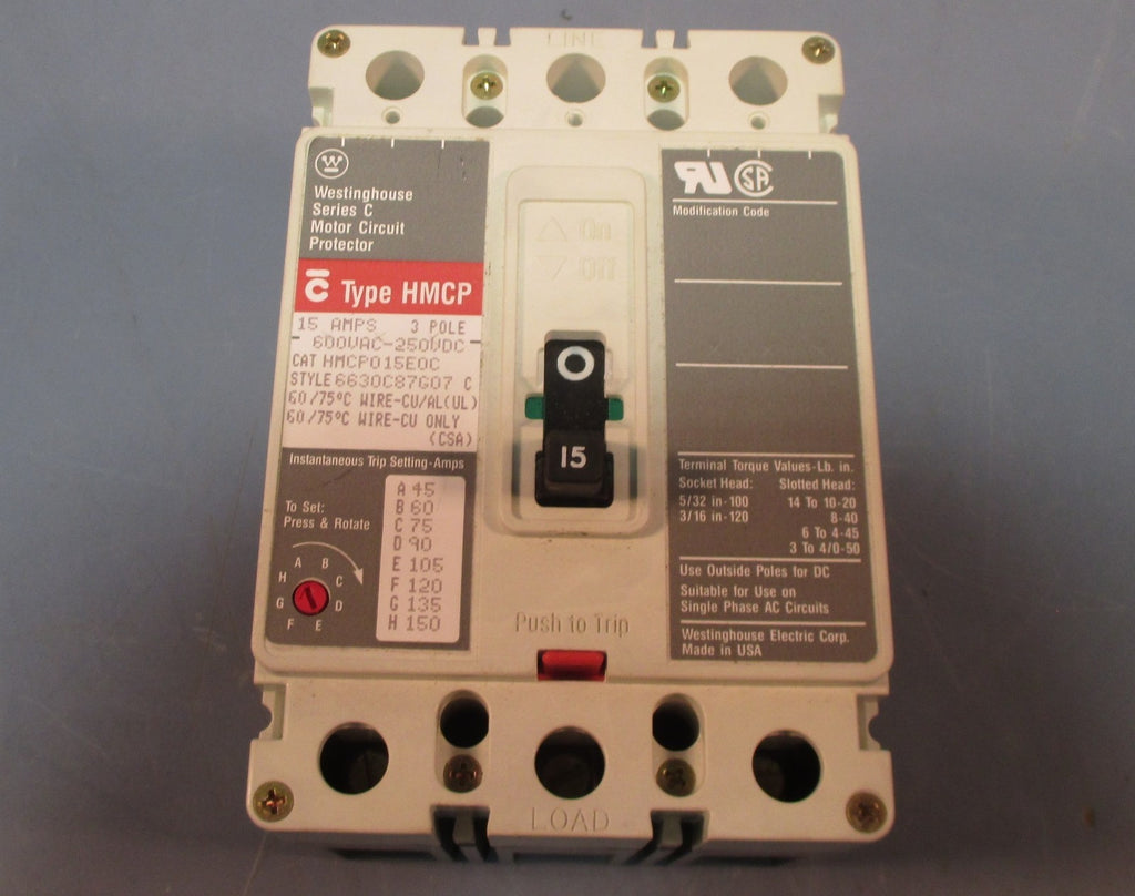 Westinghouse Ser C HMCP015E0C 15A Motor Circuit Protector Breaker No Aux
