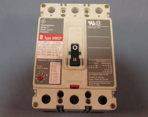 Westinghouse Ser C HMCP015E0C 15A Motor Circuit Protector Breaker No Aux