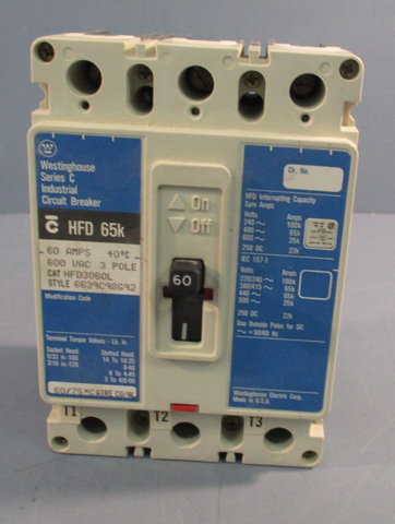 Westinghouse HFD 65k HFD3060L 3 Pole 60A 600V Industrial Circuit Breaker Ser C