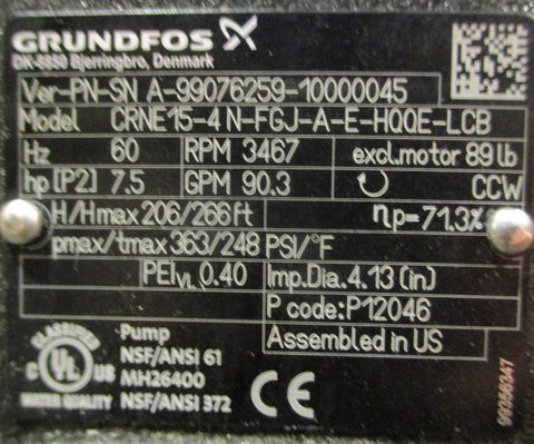 Grundfos CRNE15-4 Multistage Centrifugal Pump MLE132E 2-213TC-JA 90.3 GPM