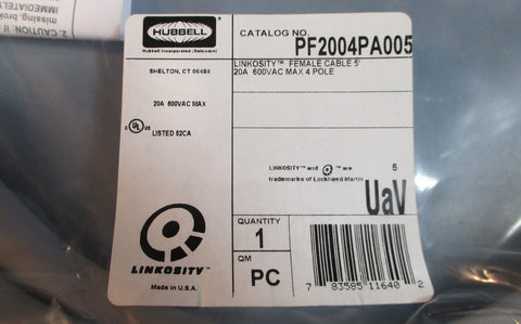 Hubbell PF2004PA005 Linkosity Female Cable Assembly 5' 20A 600VAC 4 Pole