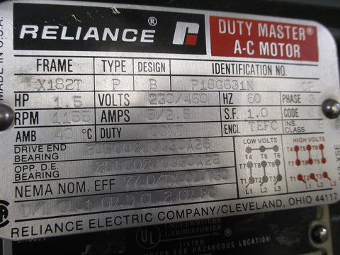 Reliance Duty Master A-C Motor: 1.5 HP 230/460V  1155 RPM 5/2.5 AMPS 3-Ph 60Hz
