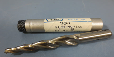 Weldon 3° Tapered End Mill: T38E3, 1/4"DIA, 1/2"SHK, 31/2"LOC, HSS, 3FL, USA