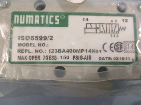 Numatics I23BA400MP14X61 Solenoid Valve ISO5599/2 150 PSIG-Air 24 VDC 4 Watts