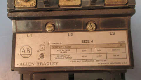 Allen Bradley 520VF-EOD Size 4 Starter Contactor w/ 40185-802-01 Relay Used