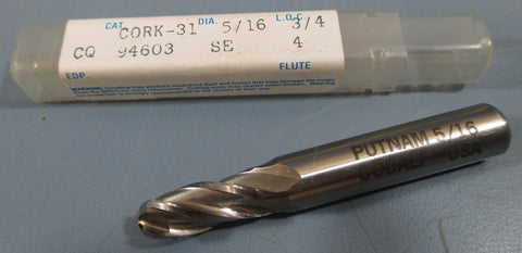 Putnam Ball End Mill Cutter, 5/16" DIA, 3/4" LOC, 3/8"SHK, Cobalt, 4FL, USA