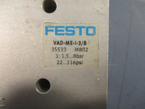 Festo VAD-ME-I-3/8 Vaccum Generator 35533 24 VDC 1.5 - 8 Bar 22-116 PSI