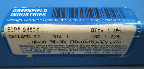 Putnam Double End Mill Cutter: 1"DIA,17/8"LOC, LD=5.441, HS, 4FL, USA *NEW*