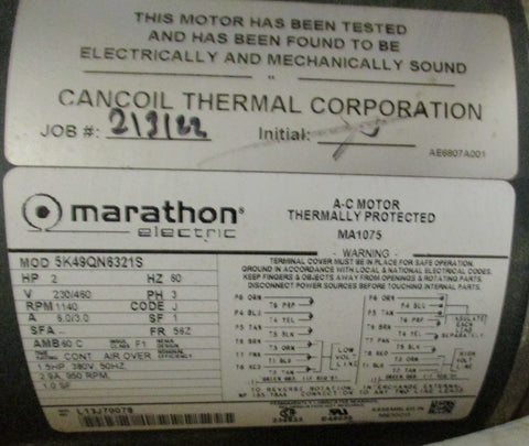 Marathon Electric MA1075 AC Thermally Protected Motor 5K49QN6321AS 230/460V 2HP