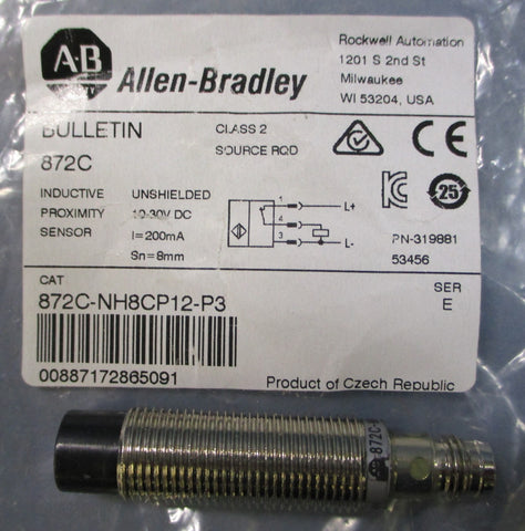 Allen Bradley 872CNH8CP12P3 Ser E Inductive Proximity Sensor 319881 No Washers
