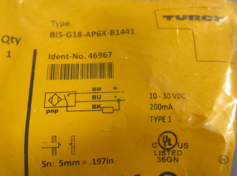 Turck BI5-G18-AP6X-B1441 Inductive Proximity Sensor 46967 10-30 VDC 200mA 5mm Sn