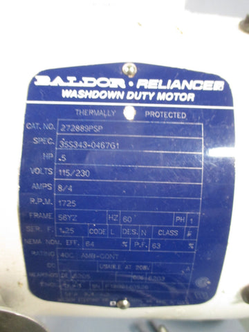 BALDORE RELIANCE WASHDOWN DUTY MOTOR TEFC, 1/2 HP, 115/230V, 272889PSP