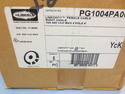 Box of 5 Hubbell Linkosity PG1004PA005 Female Cable 10A 600VAC Max 4 Pole 5'