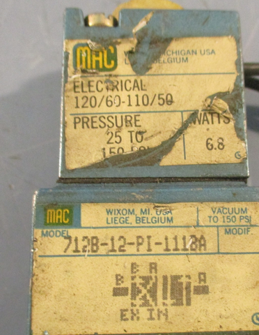 Mac Valves Inc 712B-12-PI-111BA Solenoid Valve 6.8W 110-120 VAC 25-150 PSI
