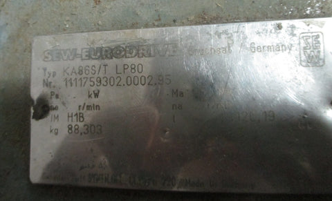 Sew-Eurodrive KA86S/T LP80 120.19:1 Ratio Gearbox Gear Reducer 88,303 kg