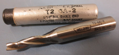 Weldon 2° Tapered End Mill: T26A2, 3/16"DIA, 3/8"SHK, 20472, 3FL, USA