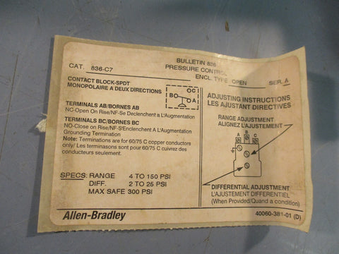 Allen-Bradley 836-C7 Pressure Control Switch 300 PSI Max Ser A 24-600V