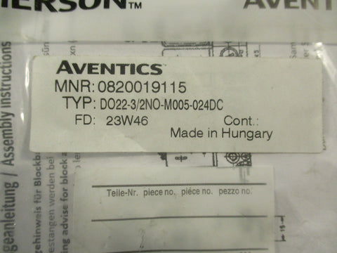 Emerson Aventics 0820019115 3/2-Directional Valve Series DO22 24VDC 10 bar Max