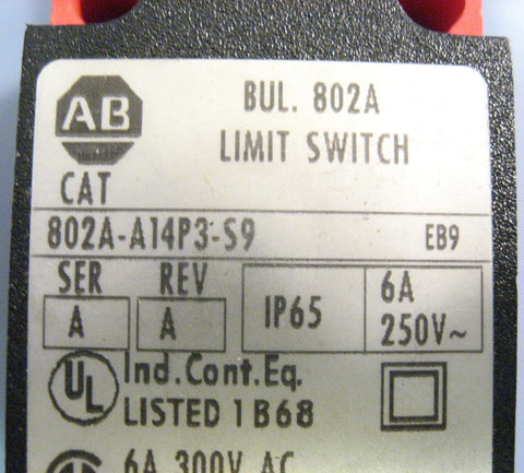 Allen Bradley Bul. 802A Limit Switch Category 802A-A14P3-S9 Ser. A Rev. A