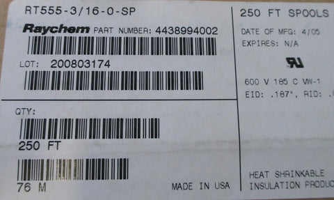 250ft Spool of Raychem RT555-3/16-0-SP Black Heat Shrink Tubing