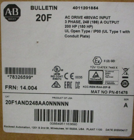 Allen Bradley 20F1AND248AA0NNNNN Ser A Air Cooled AC Drive 480VAC 3PH 200HP