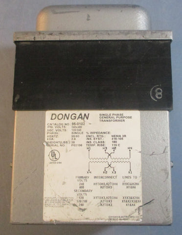 Dongan 950102 Single Phase General Purpose Transformer 240/480V 2kVA 50/60Hz