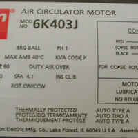 Dayton 6K403J Air Circulator Motor 1/4HP 1725RPM 1PH 115V 48YZ Frame 1/2" Shaft