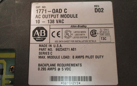 Allen Bradley 1771OAD C Rev. D02 AC Output Module 10  138 VAC Series C Used