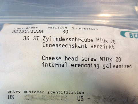 Lot of 36 Buhler UNN10043058 Cheese Head Screw M10x 20 Internal Wrenching New