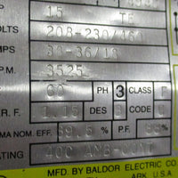 Baldor M2394 Motor 15 HP, 3525 RPM, 256U Frame, 208230/469 V, 09C111W306