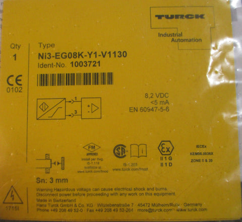Turck Ni3EG08KY1V1130 Inductive Proximity Sensor 1003721 Sn 3mm 8, 2 VDC