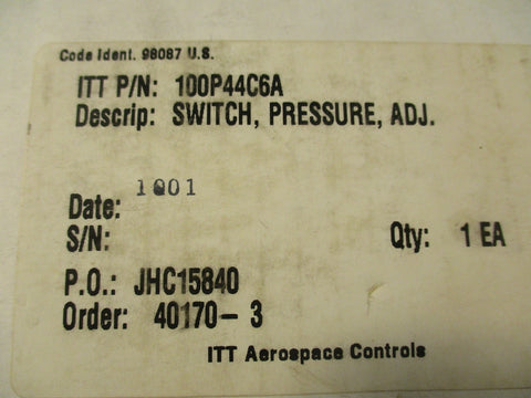 ITT NeoDyn 100P44C6A Adjustable Pressure Switch 50 to 300 PSIG 125VDC 250VAC