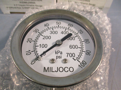Lot of (2) Miljoco 2.5" Liquid Fillable Gauge P2598LZ05SS 0-100psi/kpa 1/4NPT LM
